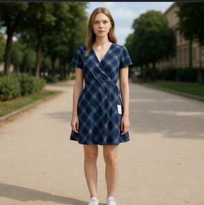 SO Short Sleeve Navy Blue & Green Plaid Wrap Dress